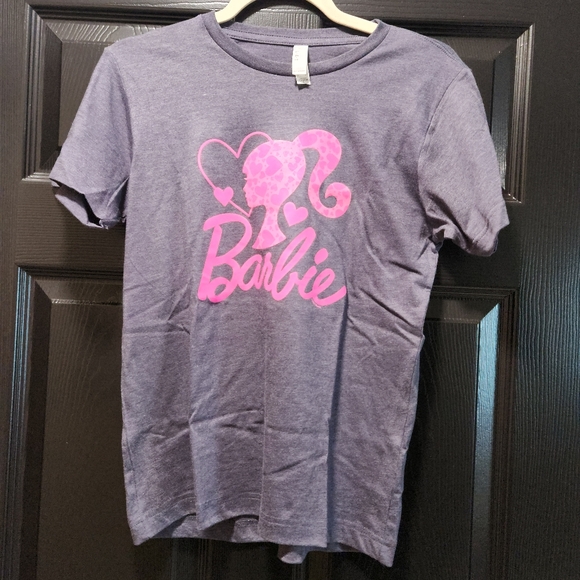 Barbie Heather Blue Logo Girls Pink Glitter Short Sleeve Graphic Tee - Picture 2 of 9